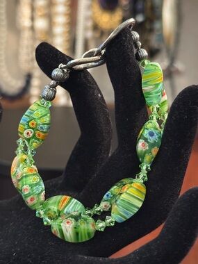Green Millefiori Glass Bead Bracelet